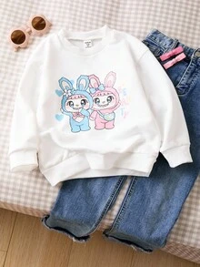 SHEIN 女孩休闲可爱宽松印花圆领长袖基本款卫衣，适合日常通勤、休闲、度假、与朋友聚会、街头摄影、秋冬 - 白色 - 查看 1