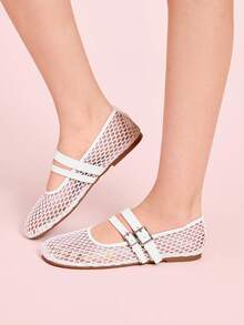 CUCCOO DOLLMOD Giày Mary Jane đế bằng lưới mũi tròn màu trắng thời trang dành cho nữ dịp Halloween & Giáng sinh - trắng - Xem 5