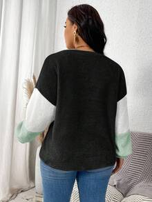 SHEIN LUNE 大码女式休闲日常通勤毛绒保暖色块圆领落肩宽松套头衫，秋冬 - 綠色 - 查看 2