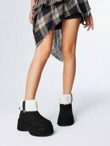 ROMWE Kawaii Botas de mujer blancas con pelo, con cremallera lateral, plataforma con cuña, tacón gótico y cálidas botas de tobillo - Negro - Ver 2