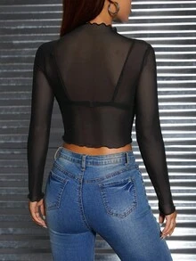 SHEIN PETITE Women's Sheer Mesh Long Sleeve Top - Black - View 9