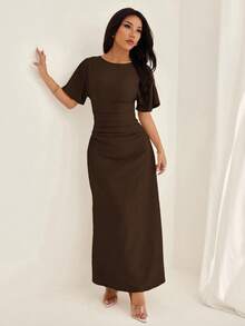 SHEIN PETITE 女式夏季纯色亚麻混纺休闲优雅连衣裙， - 棕色 - 查看 5