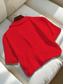 Franclia Women Casual Solid Color Lapel Short Sleeve Blouse For Summer Clothes For University - Red - View 2