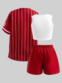 Sparklyn 女童黑色条纹复古字母印花宽松夹克、黄色修身吊带背心和黄色短裤 - 酒紅色 - 查看 2