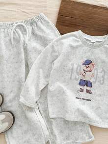Genkimix Kids Genkimix 儿童卡通印花宽松圆领T恤和裤子两件套休闲运动服套装，适合年轻女孩，适合春夏秋冬 - 淺灰色 - 查看 6