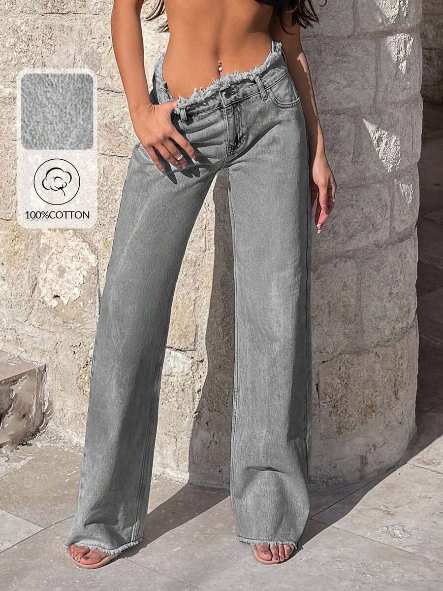 EURMUSE 100%Cotton Rigid, Belt Detailed Wideleg Fit - Grey - View 1