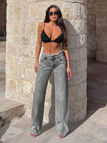 EURMUSE 100%Cotton Rigid, Belt Detailed Wideleg Fit - Grey - View 7