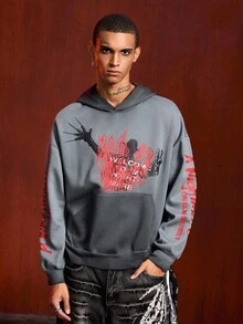 ROMWE MEN A Nightmare on Elm Street X ROMWE Men's Vintage Washed Graphic Print Hoodie, Fall