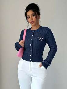 EURMUSE Women's Casual Embroidered Bow Cardigan, Autumn,Cardigans,Long Cardigans Woman,Petite,Tall - Navy Blue - View 6