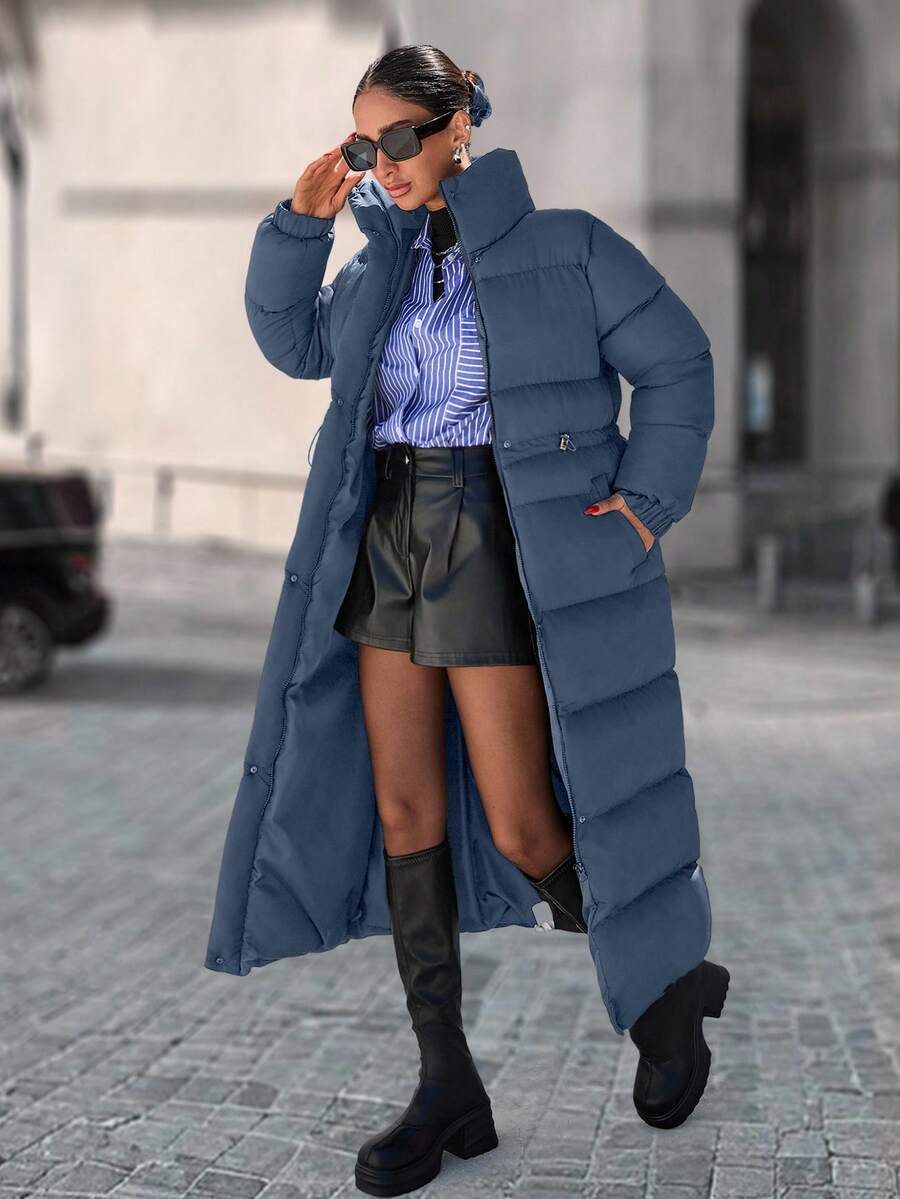 EURMUSE 腰部拉链抽绳长款棉服外套 - 青碧色 - 查看 1