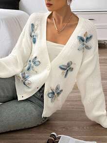 EURMUSE Áo len cardigan tay phồng họa tiết hoa 3D thanh lịch dành cho nữ - Màu be - Xem 4