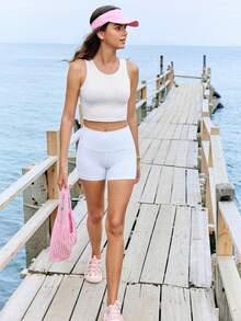 In My Nature Women's Side Pocket Square Neck Cinched Waist Casual Sports Top, Suitable For Running, Outdoor Activities, Spring/Summer