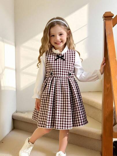 Elladie kids Girls' Vintage French Elegant Cute Plaid & Ditsy Floral Long Sleeve 2 In 1 Mid-Length Dress, Suitable For Autumn/Winter Seasons. This Dress Is Suitable For , School, Family Gatherings, And Playtime. The Design Of This Dress Makes The Girls Look Vibrant And Adorable, Adding More Vitality To Them. This Dress Will Surely Bring Fun And Energy To The Girls When They Are Out Or In A Cozy Family Setting! Girls Gingham Dress Girls Fall Dress Girls School Dress Girls Preppy Dress Brown Gingham Dress