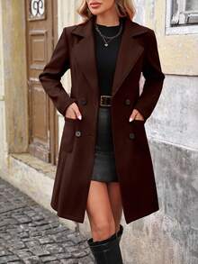 EMERY ROSE 女士中长款纯色大衣，翻领双排扣，防风外套，适合秋冬季穿着。 - 棕色 - 查看 3