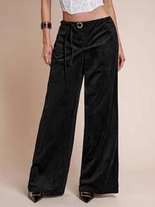 SHEIN BAE Quần ống rộng nhung rộng rãi - màu đen - Xem 6