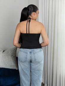 Melissa Matos 女式夏季纯色褶饰不对称下摆时尚吊带背心 - 黑色 - 查看 2