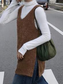 FRIFUL Maiou fără mâneci, cu decolteu adânc în V, din material pufos, maro, cu crăpături laterale la tiv, maiou lejer, casual, versatil, cu straturi, toamnă - Bej - Vizualizare 7