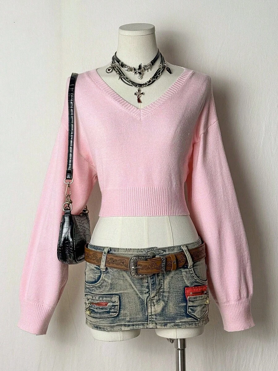 EgrlEra Áo len nữ dài tay cổ chữ V trơn, kiểu dáng thường ngày, thích hợp mặc mùa thu đông. - Hồng - Xem 1