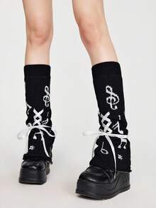 ROMWE Grunge Punk 1 Pair Women's Music Note Symbol Wide Leg Warmers, Suitable For All Seasons - Black - View 4
