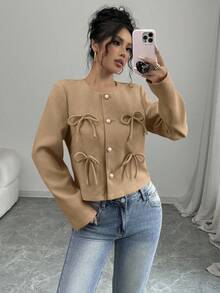 Elenzga Women's Round Neck Front Button Casual Fashion Contrast Color Bow Jacket - Khaki - View 3