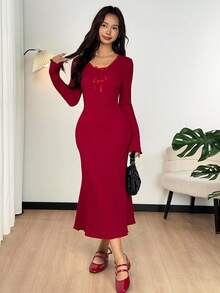 SHEIN 少女休闲简约舒适V领长袖束腰连衣裙 - 紅色 - 查看 5