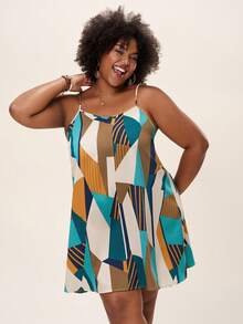 Comfylo Plus Size Colorful Geometric Pattern A-Line Sleeveless Sundress For Summer Business Casual Fall Clothes Plus Size