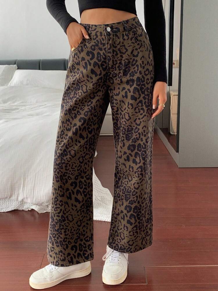 Retro American Leopard Print Wide Leg High Waist Straight Leg Jeans, Slimming Floor Length Pants For Women, Autumn/Winter