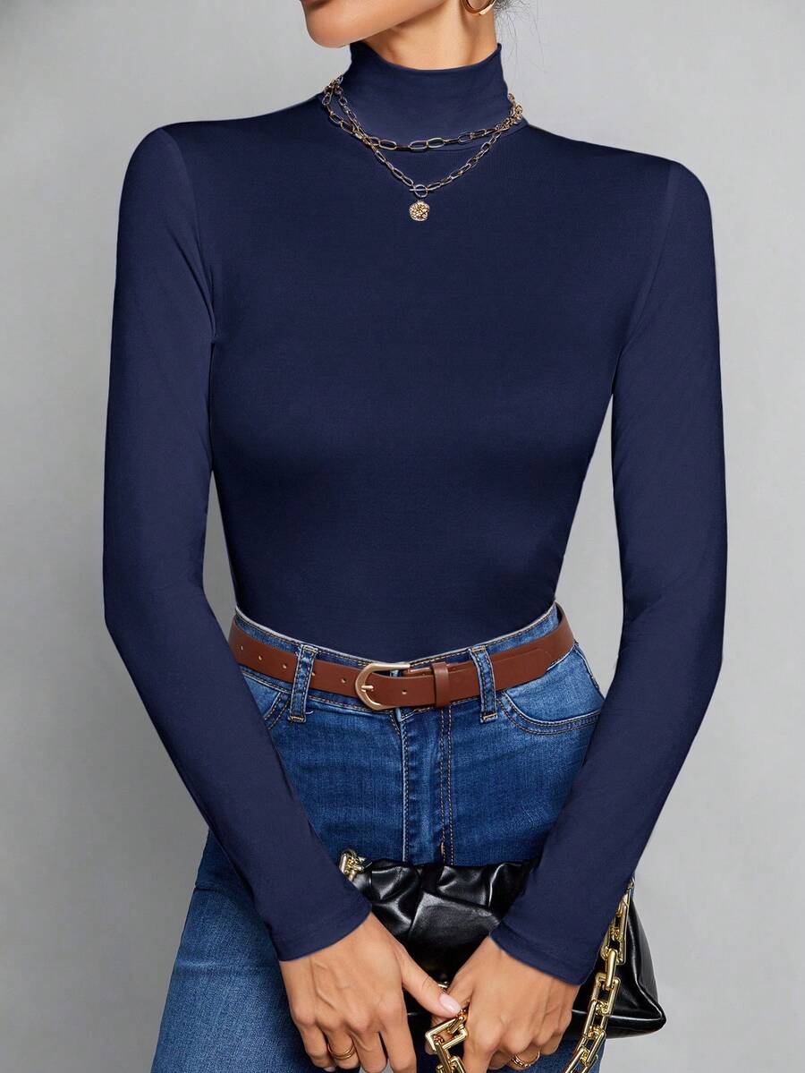 SHEIN Tall Simple Solid Color Slim High Collar White Top Suitable For Autumn And Winter,Fall - Navy Blue - View 1