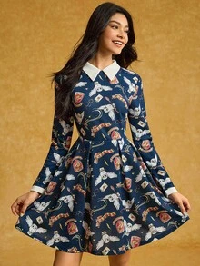 HARRY POTTER X SHEIN 女式全身印花撞色领口褶皱喇叭下摆短款连衣裙 - 藏蓝色 - 查看 1