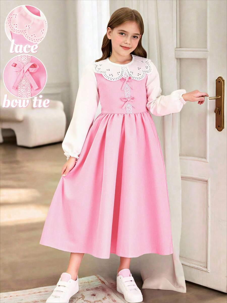 SHEIN Sparklyn 女童休闲优雅返校连衣裙，蕾丝领，蝴蝶结装饰，撞色拼接，适合春秋季节 - 粉色 - 查看 1