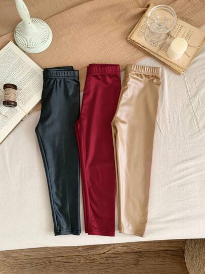 SHEIN LMoss Kids LMoss The Cheapest Young Girl Buy 1 Get 2Free 3pcs Set Of Young Girl Seamless Solid Color Leggings,Autumn/Winter,Great For Casual & Daily Wear & School Daily,College Style, Back-To-School,Party Fall