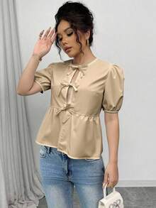 Chiquease 女式泡泡袖蝴蝶结吊带荷叶边下摆衬衫 - 棕色 - 查看 5