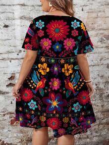 EMERY ROSE 休闲简约全印花花卉图案黑色大码连衣裙，适合夏季 - 彩色 - 查看 7