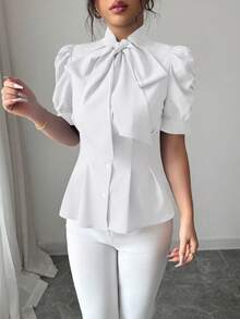 Elenzga Fashionable & Elegant Bow Waist Pleated Women Blouse - White - View 6