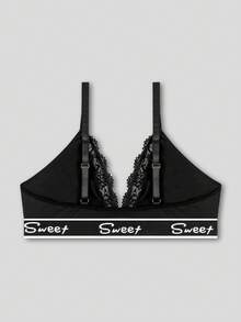 前开合、提升和增强、水滴杯、字母提花、蕾丝花边、舒适、蕾丝拼布、轻盈运动、加大码文胸和无钢圈文胸 - 黑色 - 查看 2