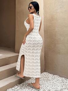 SHEIN Cottnline Summer Beach Casual Solid Color Side Split Knit Coverup Dress - White - View 2