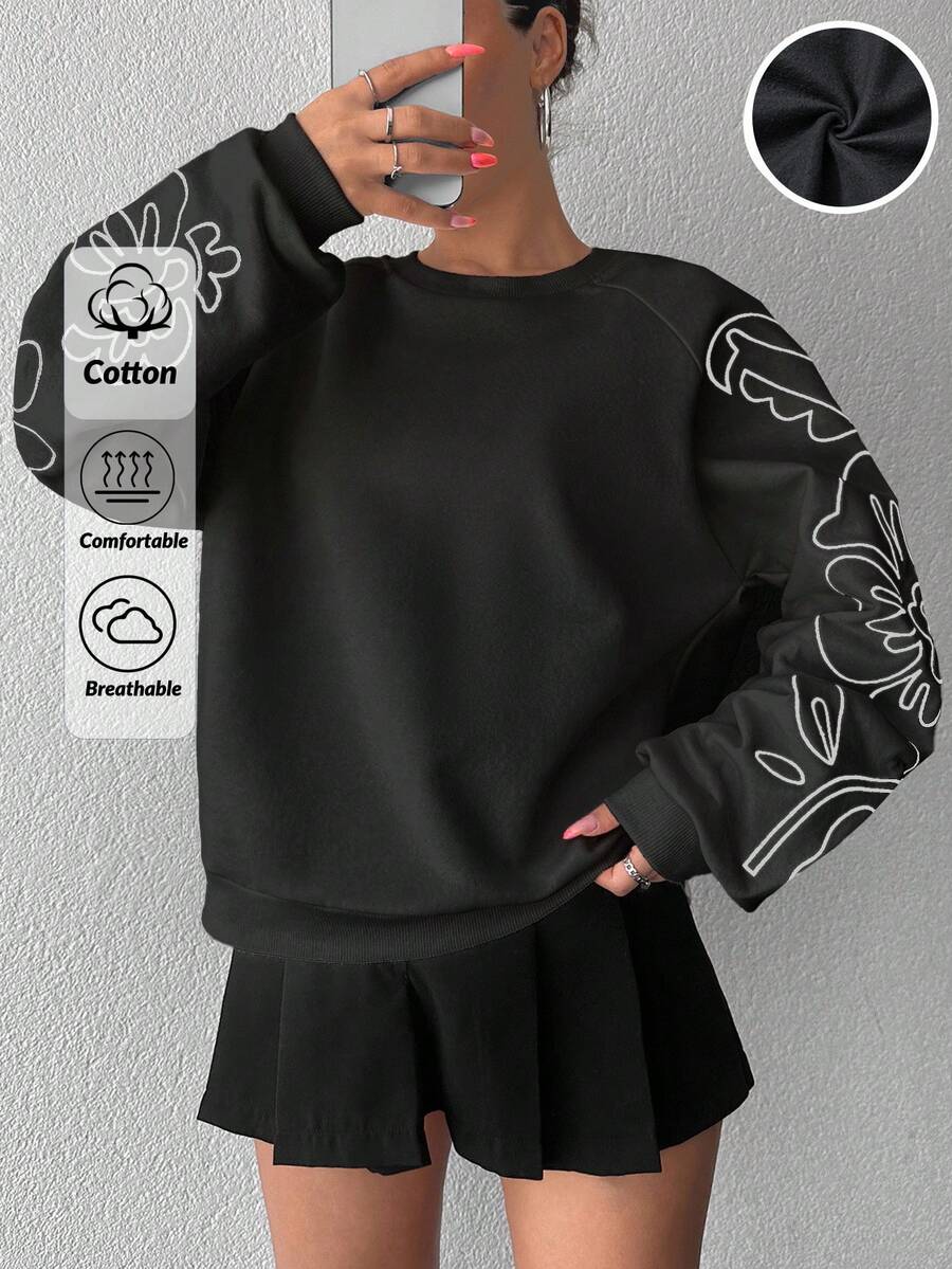 SHEIN Cottnline Women Floral Embroidery Cotton Fleece Raglan Sleeve Sweatshirt - Black - View 1