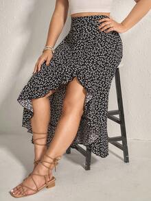 Comfylo 大码女式不对称下摆花卉裙，带荷叶边和松紧腰带，夏季