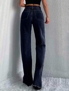 SHEIN Tall 100%Cotton High Waist Raw Hem Wide Leg Jeans TALL - Dark Wash - View 4