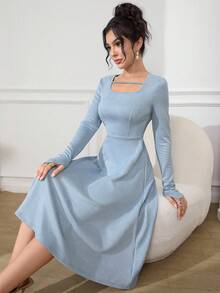 Modelyn Elegant Fashionable Square Neck Ruffle Hem Suede Baby Blue Women's Mid-Length Dress - Blue - View 2
