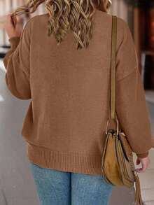 EURMUSE Suéter holgado de manga larga y cuello redondo de unicolor para mujer de talla grande - Camel - Ver 2