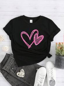 SHEIN Leap Crew 3pcs/Pack Tween Girls' Casual Minimalist Cartoon Pattern Printed T-Shirts, Suitable For Summer, School, Campus, College - Multicolor - View 4