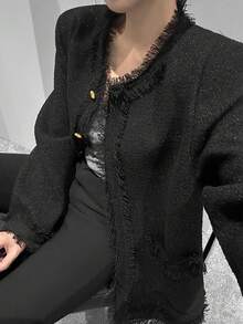 DAZY 金属扣流苏粗花呢夹克女式外套 - 黑色 - 查看 1