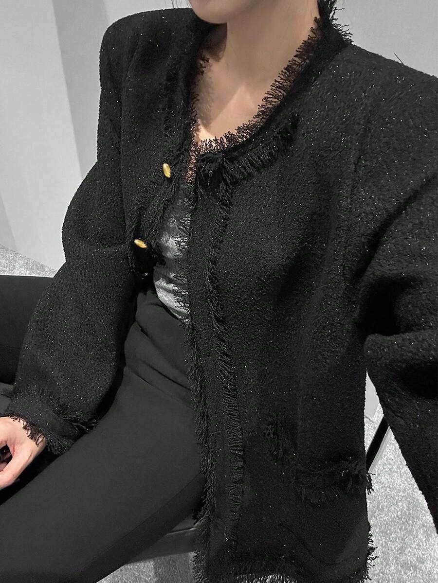 DAZY 金属扣流苏粗花呢夹克女式外套 - 黑色 - 查看 1