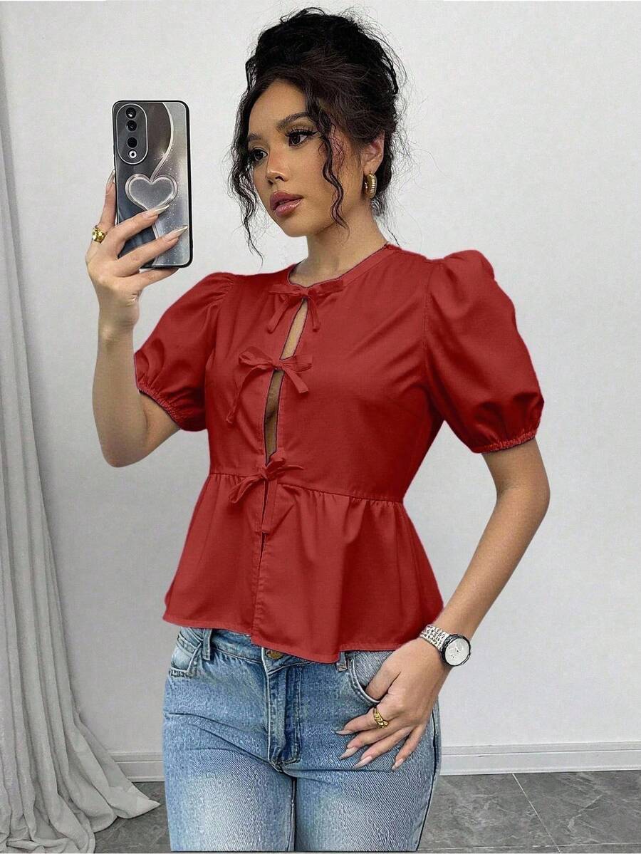 Chiquease Women's Solid Color Bow Decor Short Puff Sleeve Ruffle Hem Blouse - Burgundy - View 1