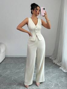 Elenzga 女士优雅无袖吊带背心和裤子套装，商务通勤风格，秋季教师装