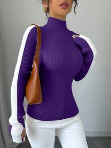 RosyDaze Women's Autumn Stand Collar Contrast Color Raglan Sleeve Slim Fit Basic Knit Sweater Fall Winter Cloth For Women - Purple - View 5