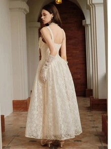 SHEIN Unity Váy ren hoa thanh lịch xếp ly ngực cho nữ, mùa hè - Kem - Xem 2