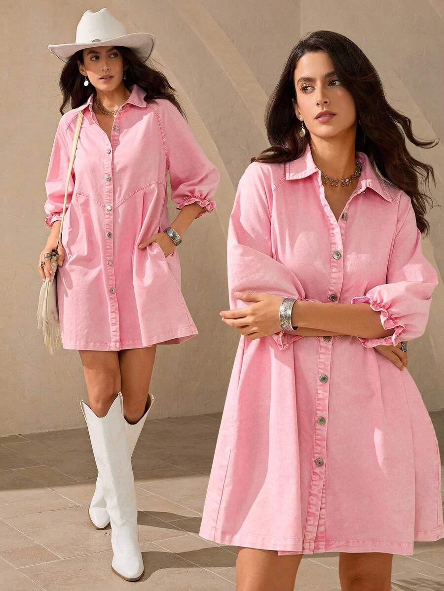 Wildy Váy cotton cài nút cho nữ Váy mùa thu cho nữ Trang phục màu hồng cho phụ nữ Phụ nữ phương Tây mặc Váy ngắn xếp ly đơn giản, tay áo raglan, quần áo mùa hè theo phong cách Bohemian cho phụ nữ Váy dài tay màu hồng Váy sơ mi cho phụ nữ Quần áo mùa thu cho phụ nữ Váy cài nút màu hồng Váy thường ngày màu hồng Trang phục phương Tây cho phụ nữ Trang phục đồng quê mùa thu sang trọng cho phụ nữ