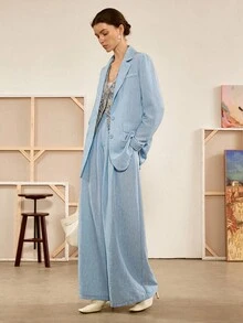 Chiquease 女士春秋波西米亚经典牛仔蓝色西装外套，袖口开衩，搭配阔腿西装裤，蓝色西装套装 - 藍色 - 查看 4